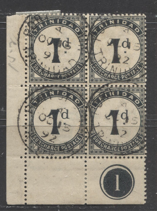 Lot 518 Trinidad SC#J2 1d Black 1885-1906 Postage Due Wmk Crown CA, With SON October 15, 1892 Port Of Spain CDS's, A Fine Used LL Plate 1 Block of 4, Click on Listing to See ALL Pictures, Estimated Value $5