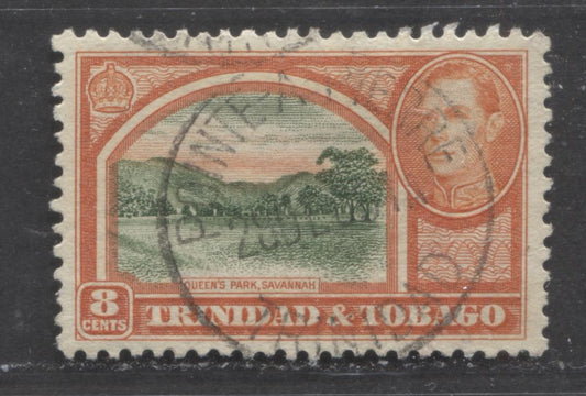 Lot 519 Trinidad & Tobago SC#56 8c Red Orange & Green 1938-1941 King George VI Pictorial Definitive Issue, With SON December 28, 1951 Pointe-A-Pierre CDS Cancel, A VF Used  Single, Click on Listing to See ALL Pictures, Estimated Value $3