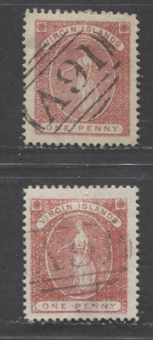 Lot 523 Virgin Islands SC#19 1d Rose Red & Red 1889 St. Ursula Lithograph Issue Wmk Crown CA, With SON A91 Atlantic Mailboat Cancels, 2 F/VF Used  Singles, Click on Listing to See ALL Pictures, Estimated Value $15