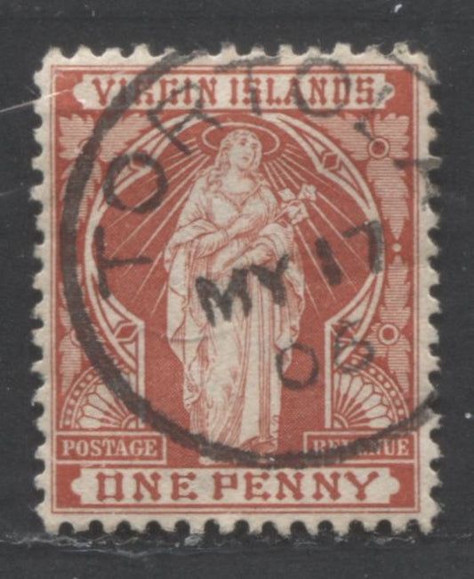 Lot 524 Virgin Islands SC#22 1d Red 1899 St. Ursula Engraved Issue, SON May 17, 1906 Tortola CDS Cancel, A VF Used  Single, Click on Listing to See ALL Pictures, 2022 Scott Classic Cat. $2