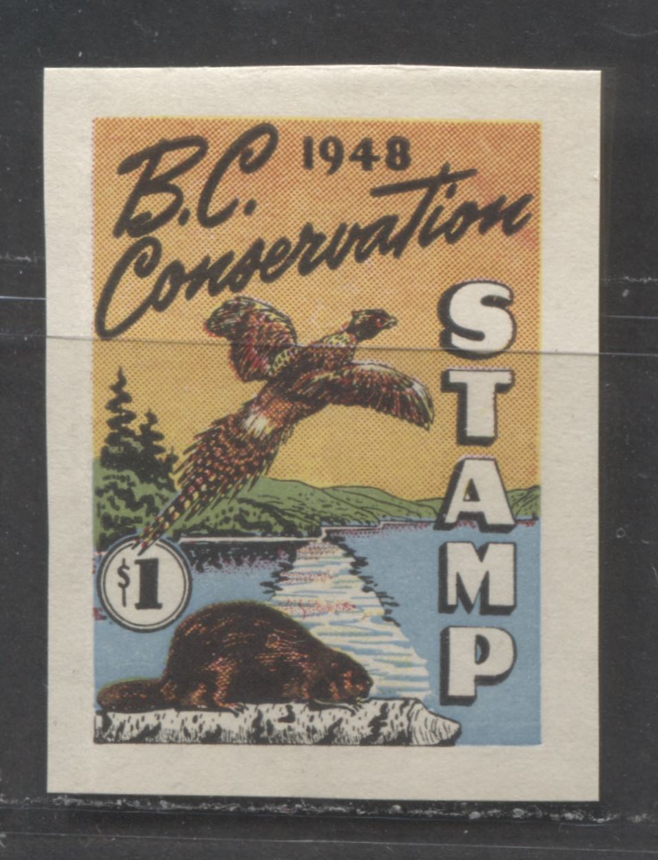 Lot 526 Province of BC #BCO3b $1 Multicoloured Flying Duck, 1947 Wildlife Conservation Issue, A FNH Single VF Appearance, Vertical Crease In Left Margin Not Affecting Stamp