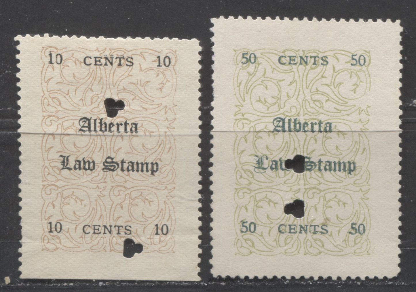 Lot 527 Province of Alberta #AL4a, AL12 10c, 50c Brown & Black, Green & Dark Green Floral Pattern, 1907 Law Issue, 2 Fine & VF Used Singles Slight Doubling Of "Cents"