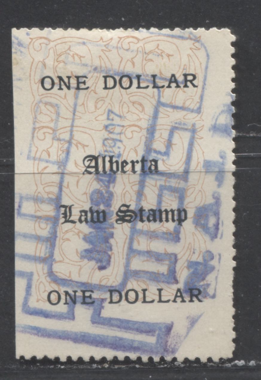 Lot 528 Province of Alberta #AL16c $1 Brown & Black Floral Pattern, 1907 Law Issue, A VG Used Single Significant Downward Shift of Inscriptions & Pin-Perforation