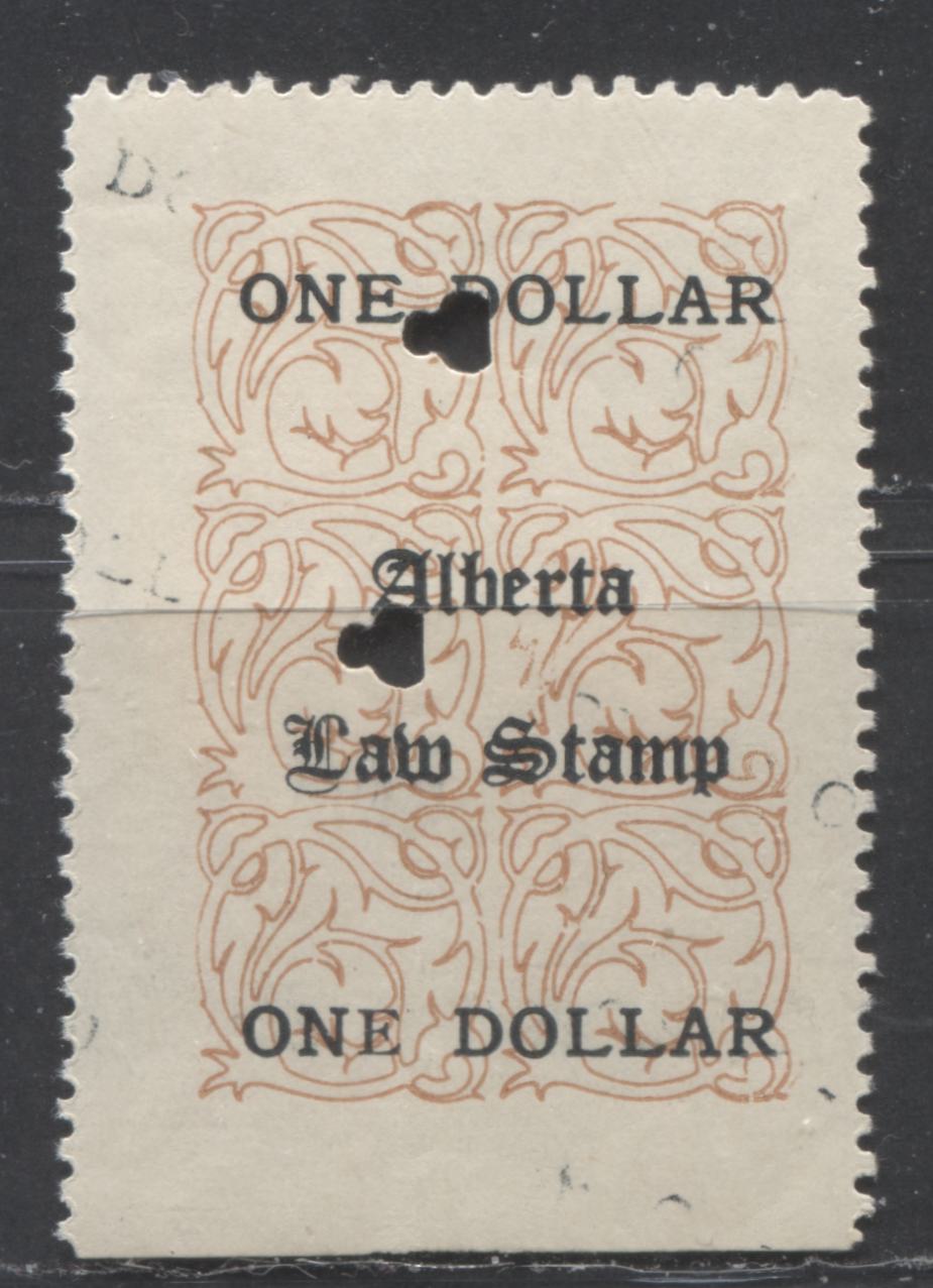 Lot 529 Province of Alberta #AL16var $1 Brown & Black Floral Pattern, 1907 Law Issue, A VF Used Single Additional Impressions of "One Dollar" Printed Diagonally Across