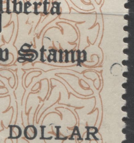 Lot 529 Province of Alberta #AL16var $1 Brown & Black Floral Pattern, 1907 Law Issue, A VF Used Single Additional Impressions of "One Dollar" Printed Diagonally Across