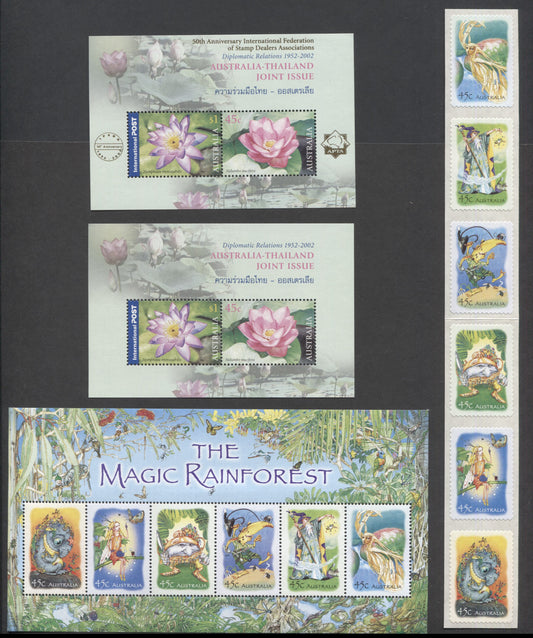 Lot 86 Australia SC#2073a/2102a 2002 AU Thailand Diplomatic Relations & Characters From The Magic Rainforest Issues, 4 VFNH Souvenir Sheets & Strip Of 6, Click on Listing to See ALL Pictures, 2017 Scott Cat. $17