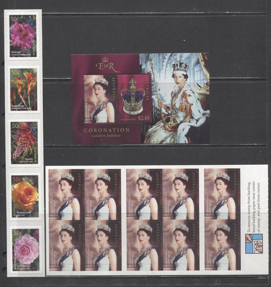 Lot 93 Australia SC#2142a/2154a 2003 Cultivars & Coronation of QE II Issues, 3 VFNH Booklets of 10 & Strip of 5, Click on Listing to See ALL Pictures, 2017 Scott Cat. $13.5