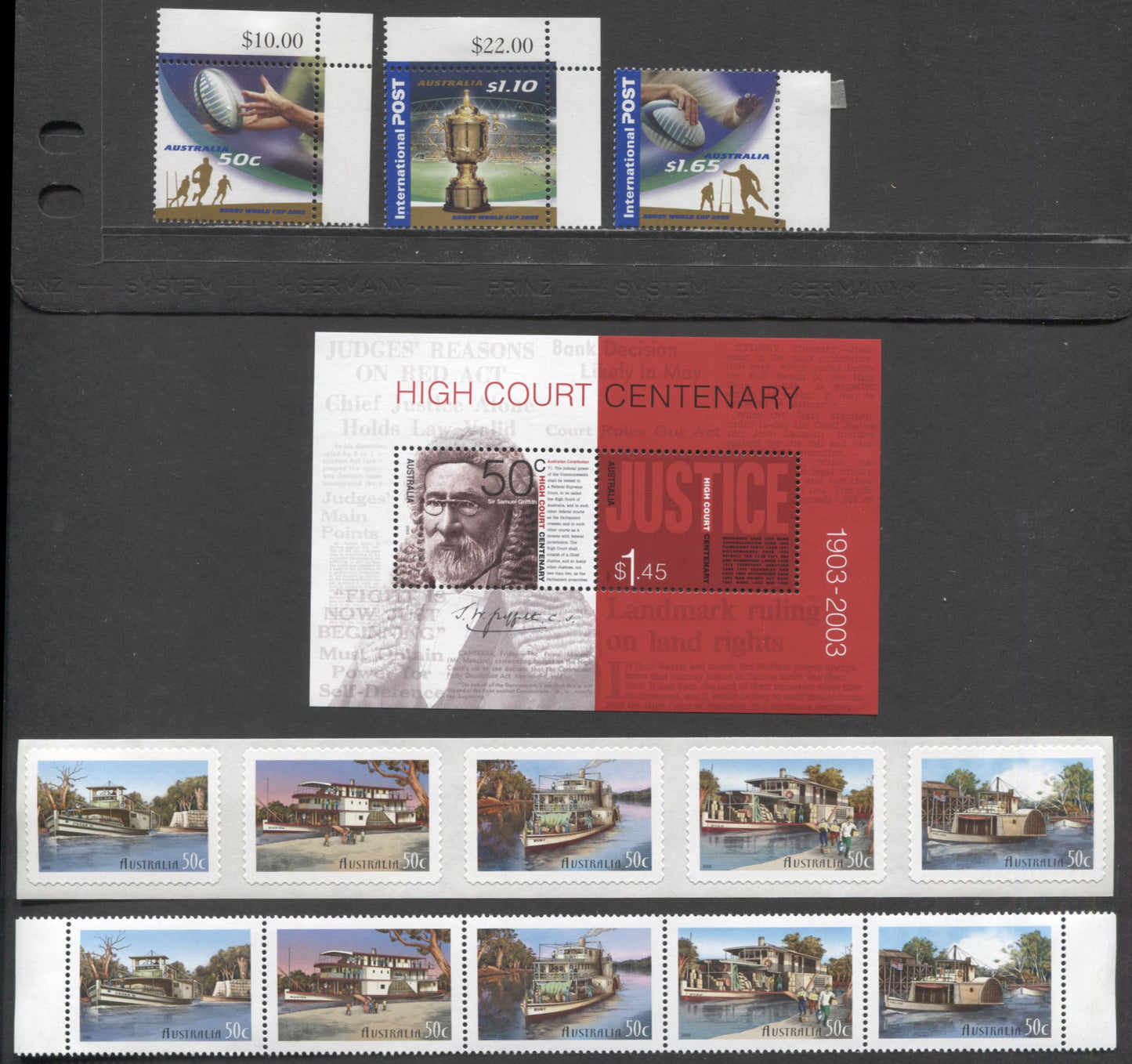 Lot 95 Australia SC#2177b/2201 2003 High Court of Australian Centenary/Rugby World Cup Issues, 6 VFNH Singles, Souvenir Sheet & Strips Of 5, Click on Listing to See ALL Pictures, 2017 Scott Cat. $16.5