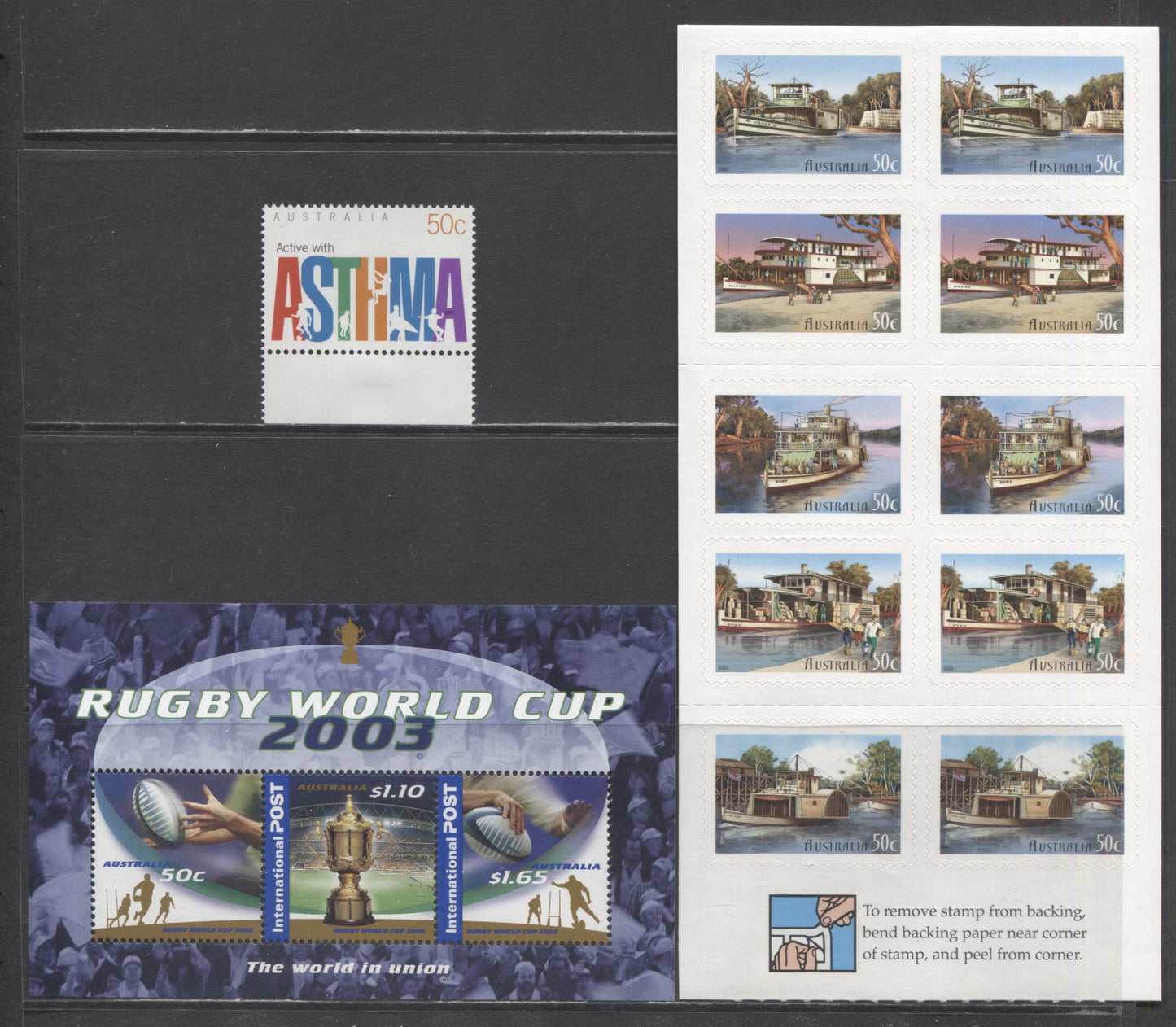 Lot 96 Australia SC#2182b/2202 2003 Murray River Shipping & Rugby World Cup Issues, 3 VFNH Single, Souvenir Sheet & Booklet Of 10, Click on Listing to See ALL Pictures, 2017 Scott Cat. $15.25