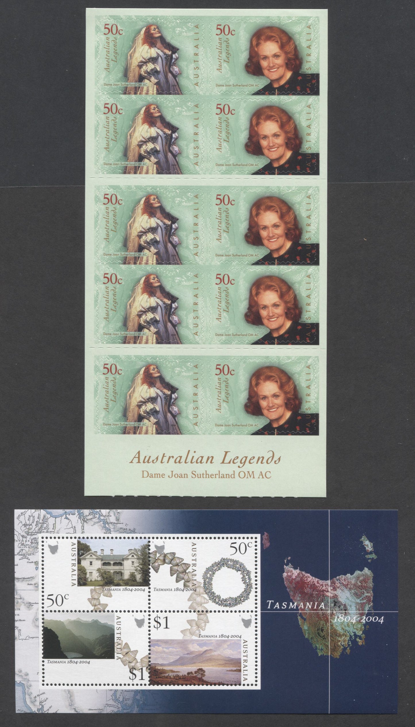Australia SC#2210a/2214b 2004 AU Legends & Tazmania Issues, 2 VFNH Souvenir Sheet & Booklet Of 10, Click on Listing to See ALL Pictures, 2017 Scott Cat. $14.25