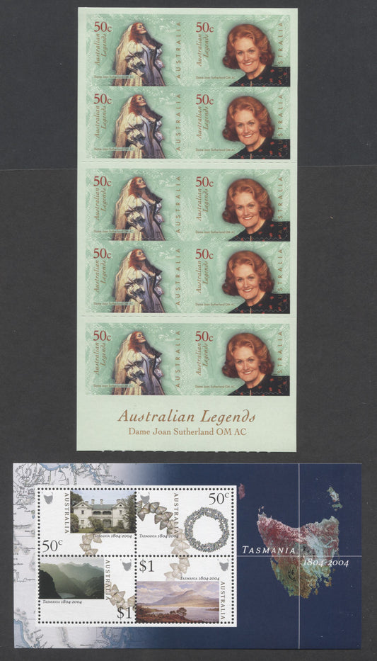 Australia SC#2210a/2214b 2004 AU Legends & Tazmania Issues, 2 VFNH Souvenir Sheet & Booklet Of 10, Click on Listing to See ALL Pictures, 2017 Scott Cat. $14.25