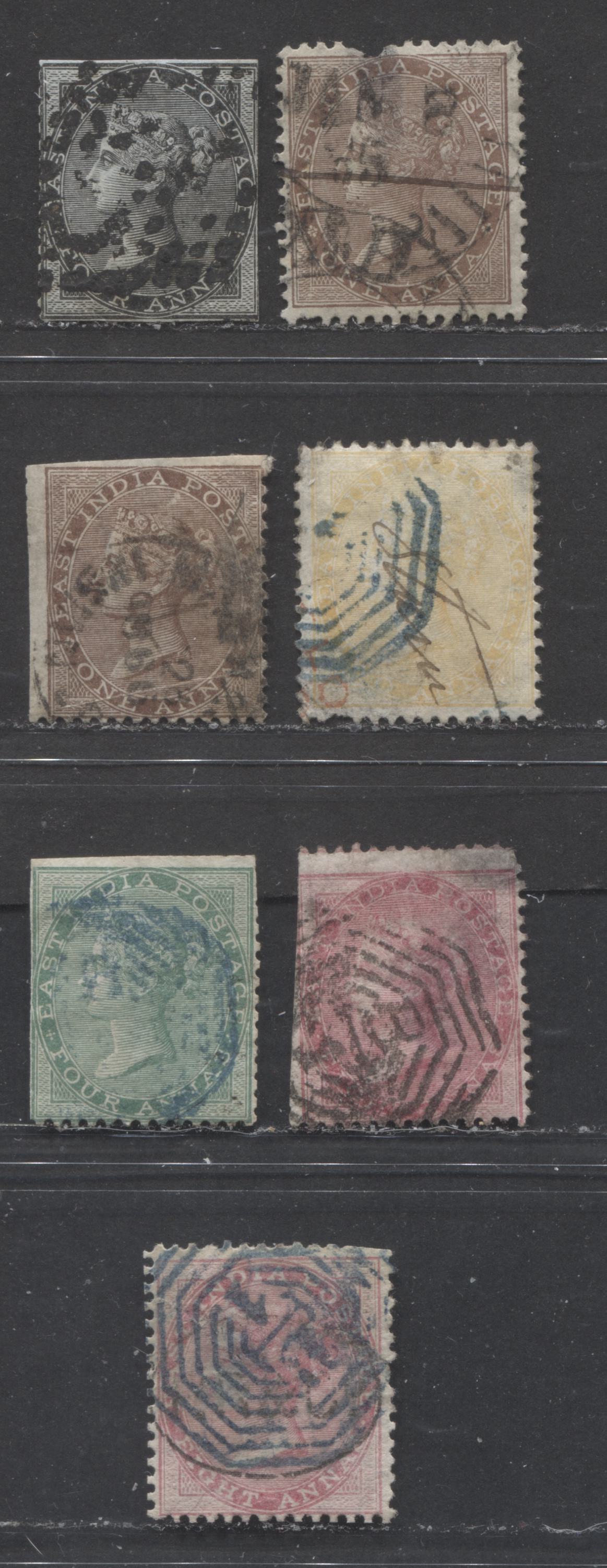 Lot 417 India #9, 12, 15c, 17, 18 1a-8a Brown-Rose Queen Victoria, 1855-1864 Unwatermarked Surface Printed Issue , 7 Ungraded Used Singles Bluish & White Papers