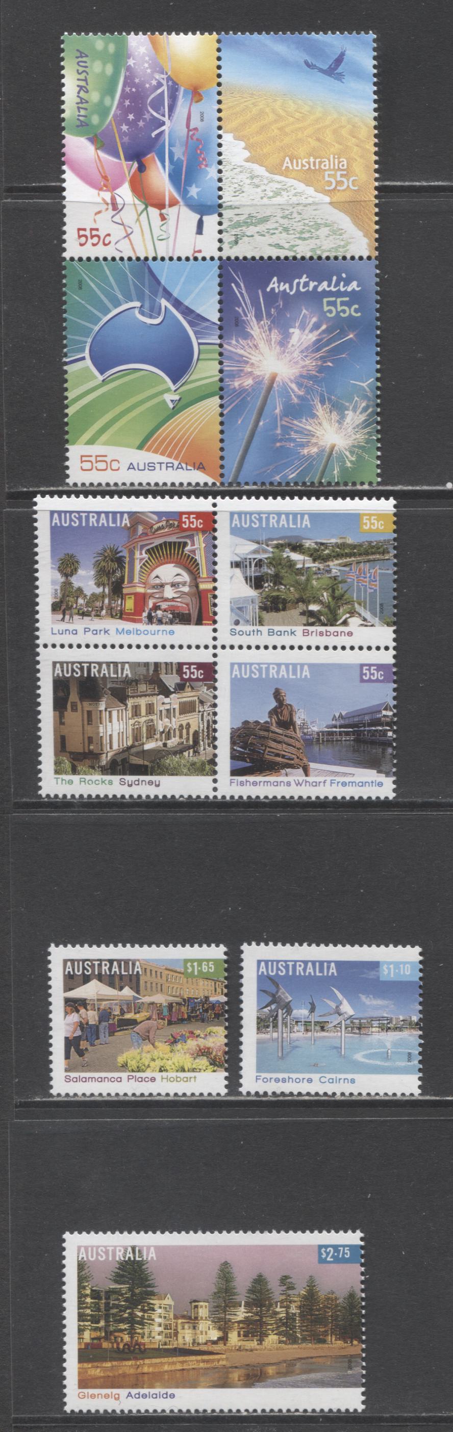 Lot 44 Australia SC#2937/2953a 2008 Tourist Areas Of Cities & Pictorial Issues, 5 VFNH Singles & Blocks Of 4, Click on Listing to See ALL Pictures, 2017 Scott Cat. $18