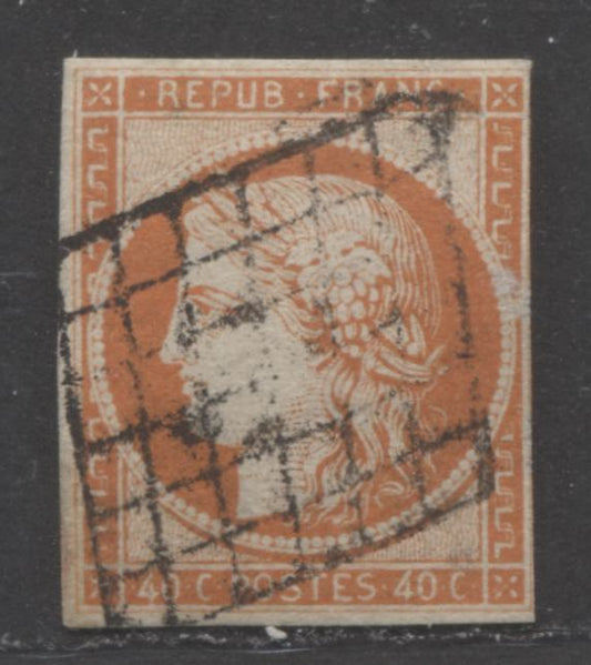 Lot 476 France #7h 40c Orange Ceres, 1849-1850 Imperf Ceres Heads, A VG Used Single Type 1