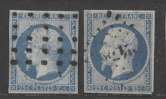 Lot 478 France #11, 17 25c  Blue on Bluish Napoleon III, 1853-1860 Imperf Napoleon III Heads, 2 VG Used Singles Type 1