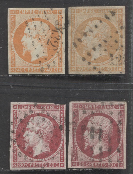 Lot 479 France #18, 18a, 19, 19d 40c, 80c Orange, Dull Orange, Carmine Napoleon III, 1853-1860 Imperf Napoleon III Heads, 4 Fair, VG & Fine Used Singles