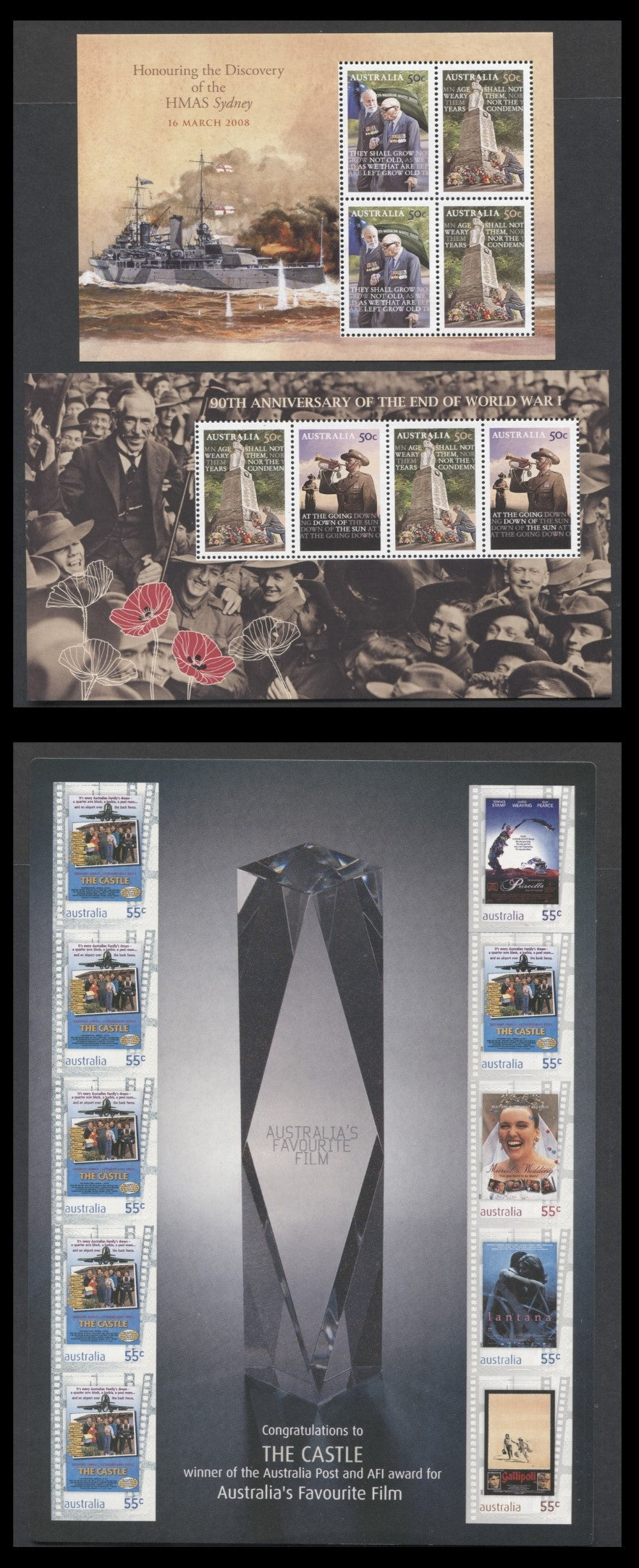 Lot 48 Australia SC#2855c/3006d 2008 ANZAC Day & Posters For Australian Films Issues, 3 VFNH Souvenir Sheets & Sheet Of 10, Click on Listing to See ALL Pictures, 2017 Scott Cat. $20