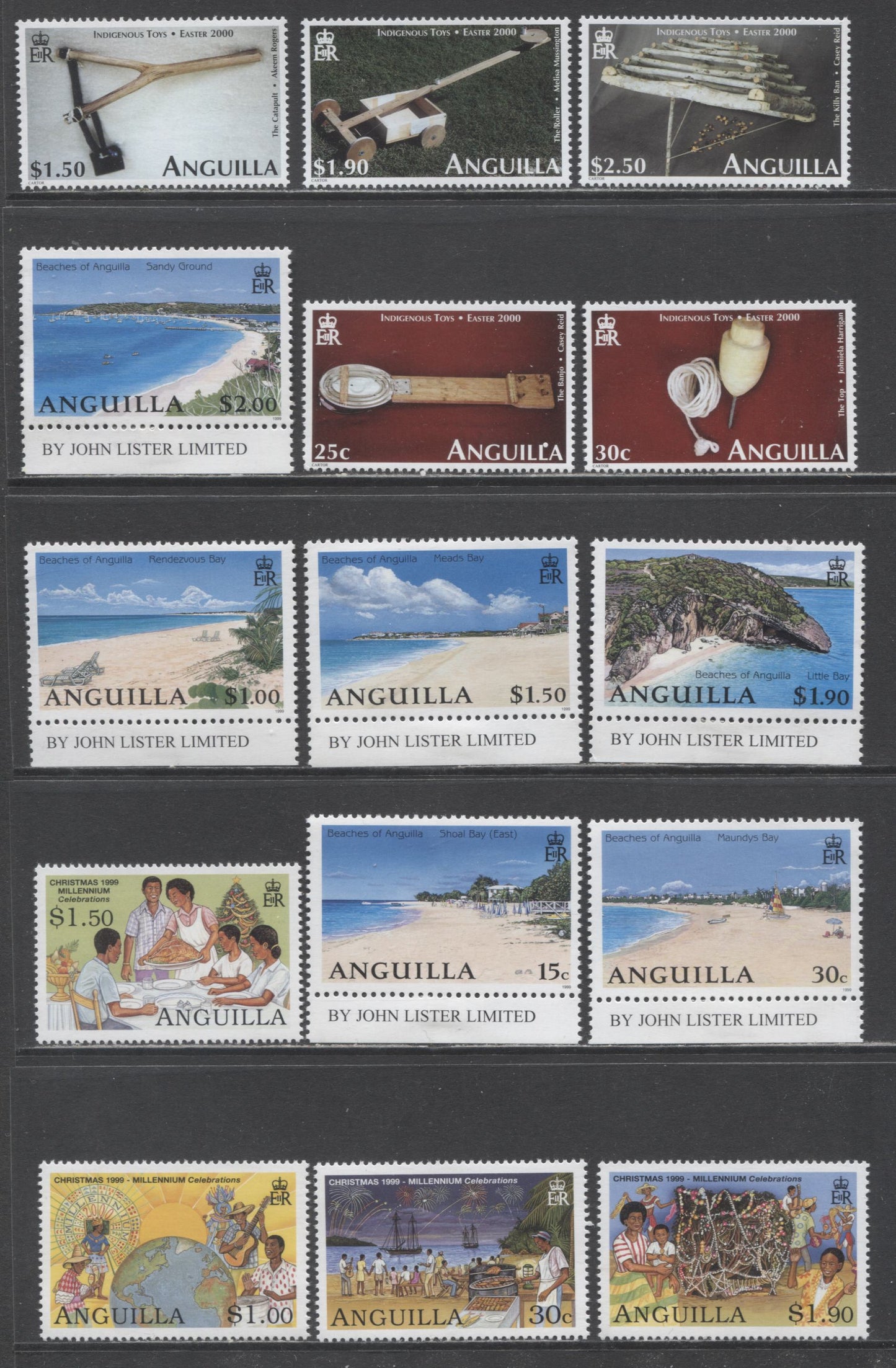 Lot 5 Anguilla SC#1001-1015 1999-2000 Christmas & Millenium Celebreations, Peaches & Easter Issues, 14 VFNH Singles, Click on Listing to See ALL Pictures, 2017 Scott Cat. $21.05