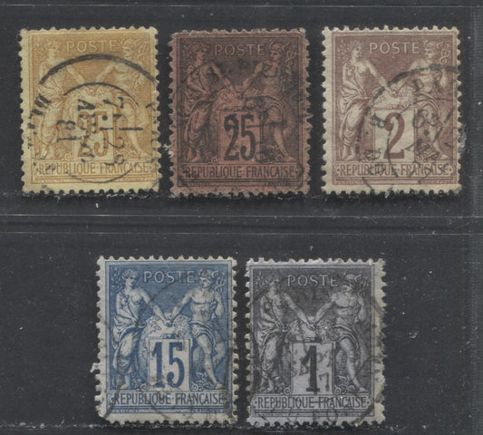 Lot 509 France #86, 88, 92, 93, 99 1c - 25c Black on Azure - 25c Black on Red Peace & Commerce, 1877-1880 Peace & Commerce Issue, A VG, Fine & VF Used Single Type II