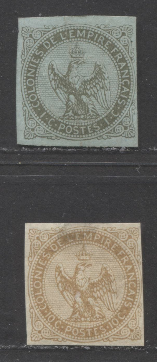 Lot 518 French Colonies #1, 3 1c, 10c Bronze Green on Greenish & Bistre on Yellowish Eagle & Crown, 1859-1865 Eagle & Crown Issue, 2 Fine & VF Unused Singles