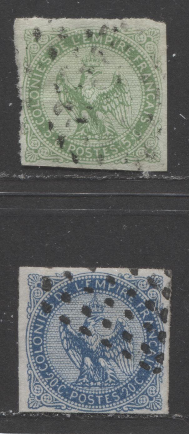 Lot 519 French Colonies #2, 4 5c, 20c Green & Blue Eagle & Crown, 1859-1865 Eagle & Crown Issue, 2 Fine & VF Used Singles