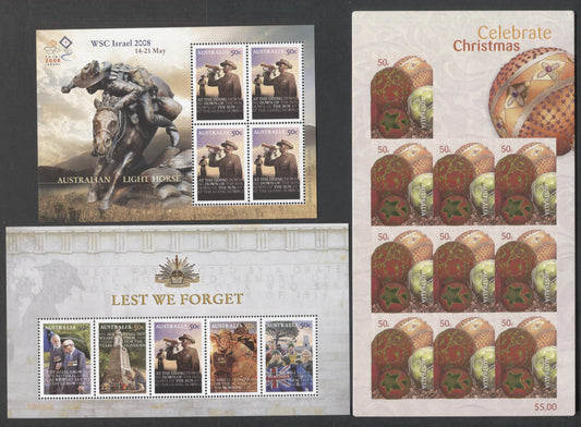 Lot 53 Australia SC#2856c/2990a 2008 ANZAC Day & Christmas Issue, 3 VFNH Souvenir Sheets & Pane Of 10, Click on Listing to See ALL Pictures, 2017 Scott Cat. $18