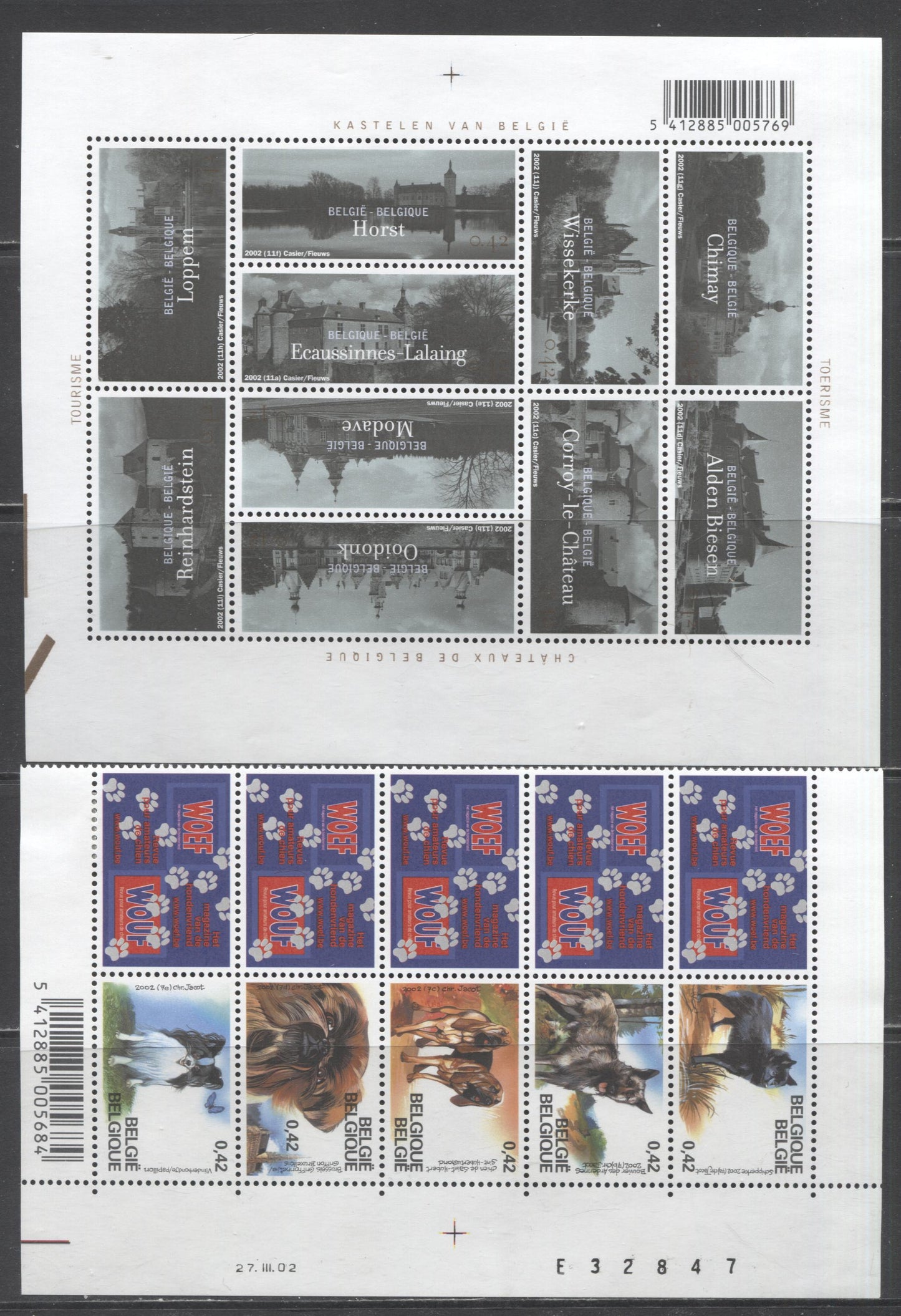 Lot 58 Belgium SC#1910a/1918 2002 Belgian Dog Breeds & Castles Issue, A VFNH Miniature Sheet of 10 & Strip of 5 + 5 Labels, Click on Listing to See ALL Pictures, 2017 Scott Cat. $19.5