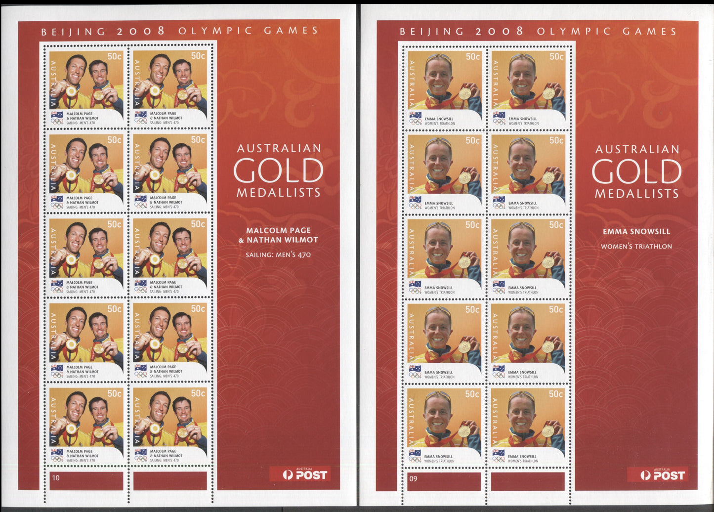 Lot 58 Australia SC#2920-2921 2008 Gold Medallists Issue, 2 VFNH Sheets Of 10, Click on Listing to See ALL Pictures, 2017 Scott Cat. $20