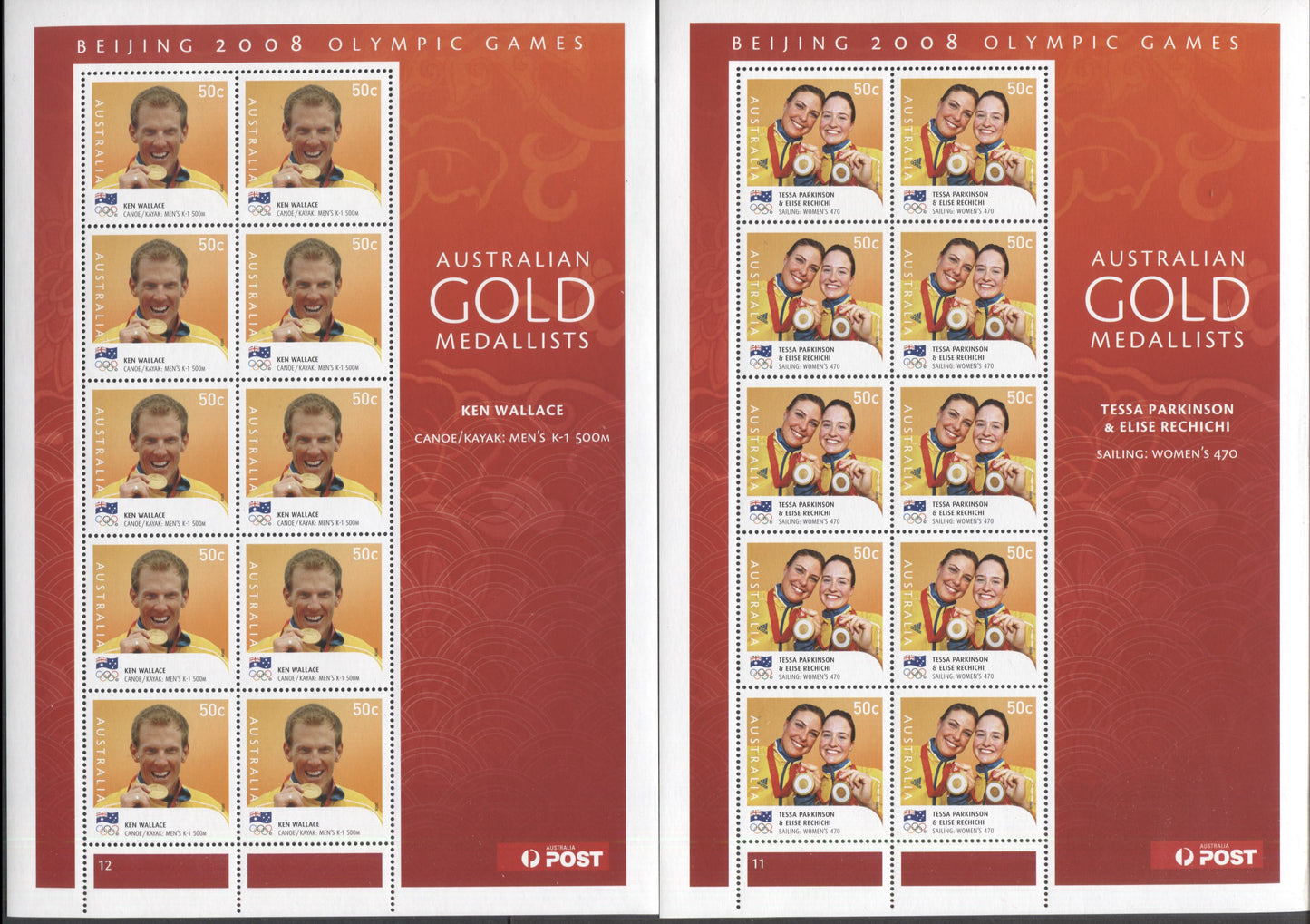 Lot 59 Australia SC#2922-2923 2008 Gold Medallists Issue, 2 VFNH Sheets Of 10, Click on Listing to See ALL Pictures, 2017 Scott Cat. $20