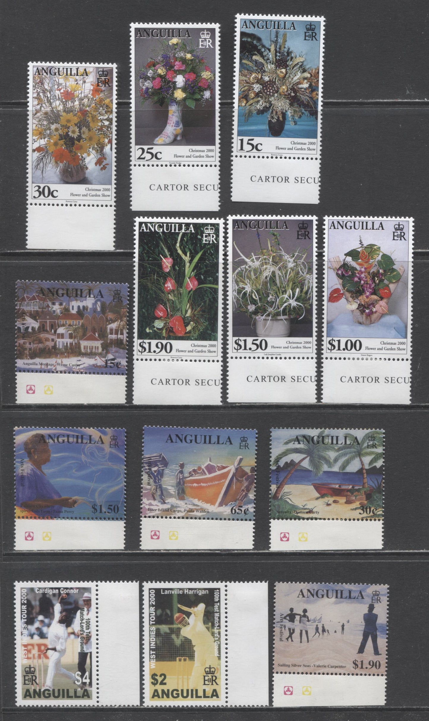 Lot 6 Anguilla SC#1017-1039 2000 100th Test Match At Lords Grounds, Arts Festival & Christmas Issues, 13 VFNH Singles, Click on Listing to See ALL Pictures, 2017 Scott Cat. $20.25