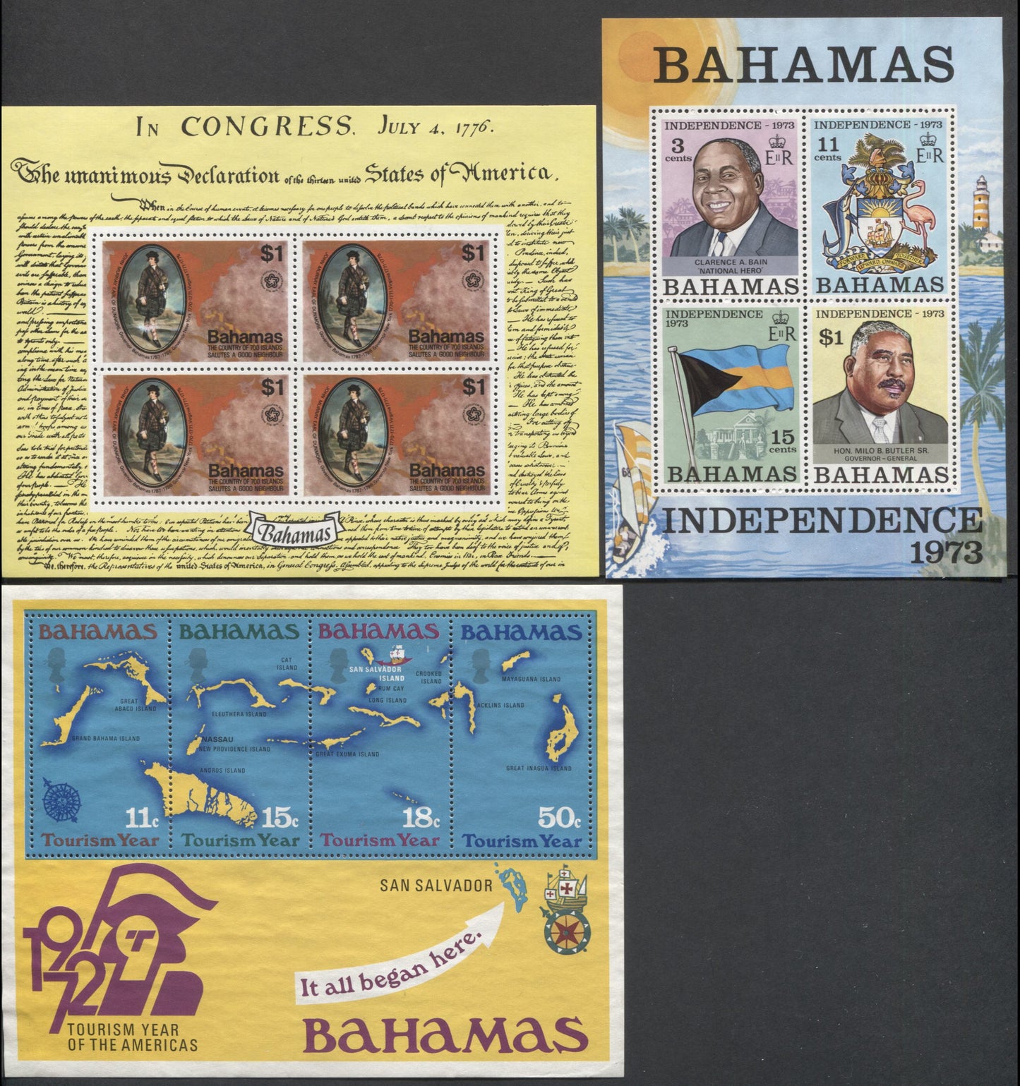 Lot 61 Bahamas SC#343/393a 1972-1976 Map Of Bahamas, Independence & John Murray Issues, 3 VFNH Souvenir Sheets, Click on Listing to See ALL Pictures, 2017 Scott Cat. $17.5