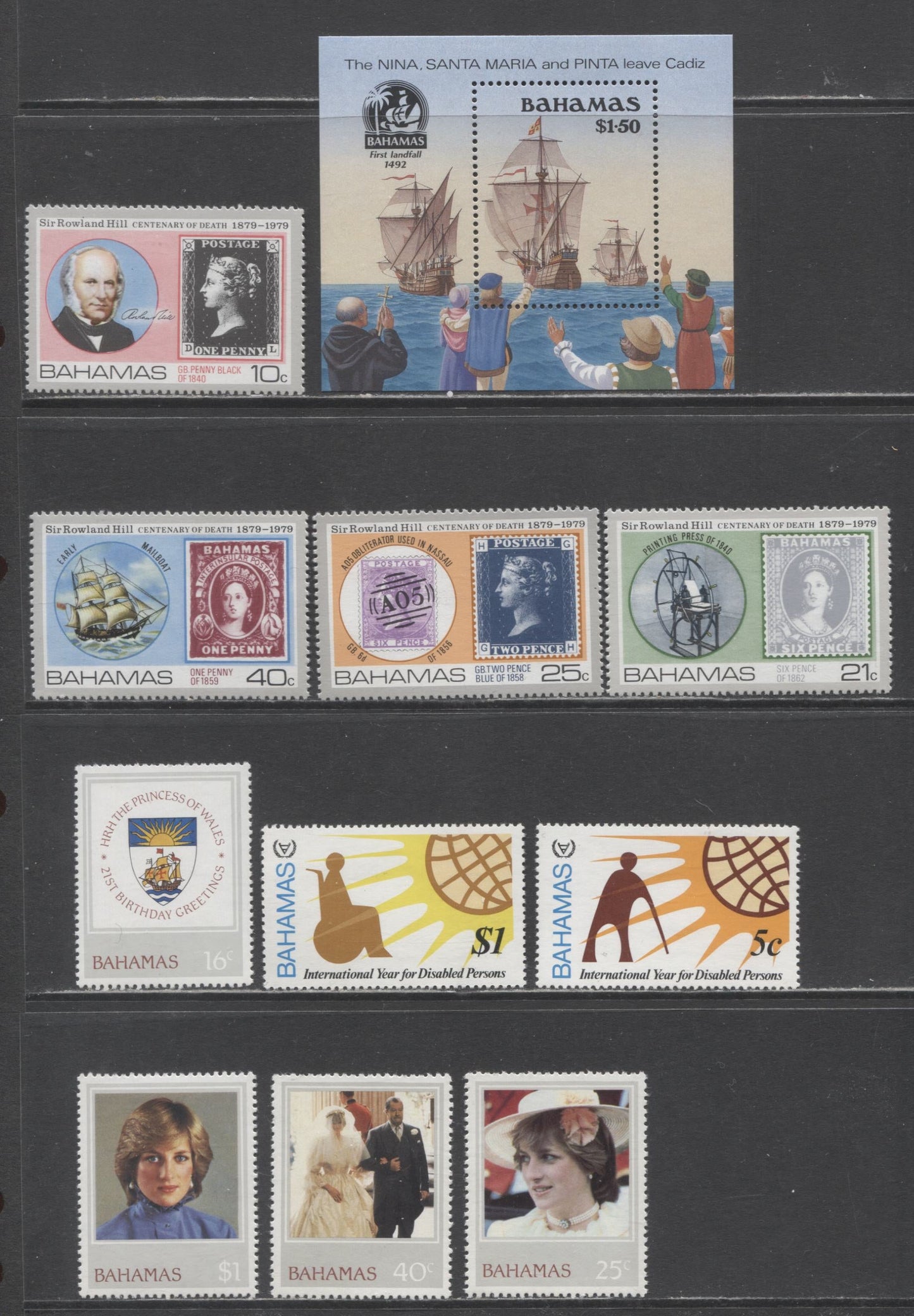 Lot 62 Bahamas SC#450/692 1979-1990 Rowland Hill (Penny Blacks), Year Of The Disabled, Princess Diana & Discovery Of America Issues, 11 VFNH Singles & Souvenir Sheet, Click on Listing to See ALL Pictures, 2017 Scott Cat. $20.45