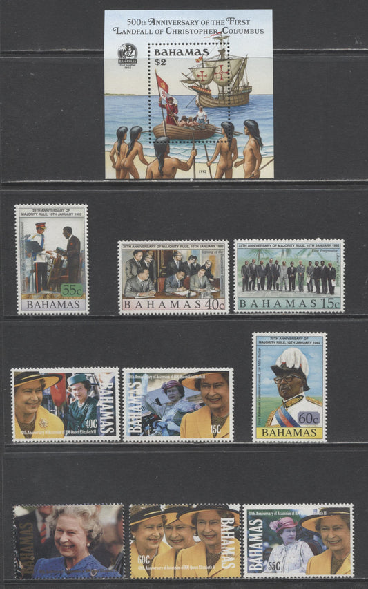 Lot 64 Bahamas SC#729/748 1991-1992 Discovery Of America, Majority Rule 25th Anniv & QE II's Accession To The Throne 40th Anniv Issues, 10 VFNH Singles & Souvenir Sheet, Click on Listing to See ALL Pictures, 2017 Scott Cat. $23.2