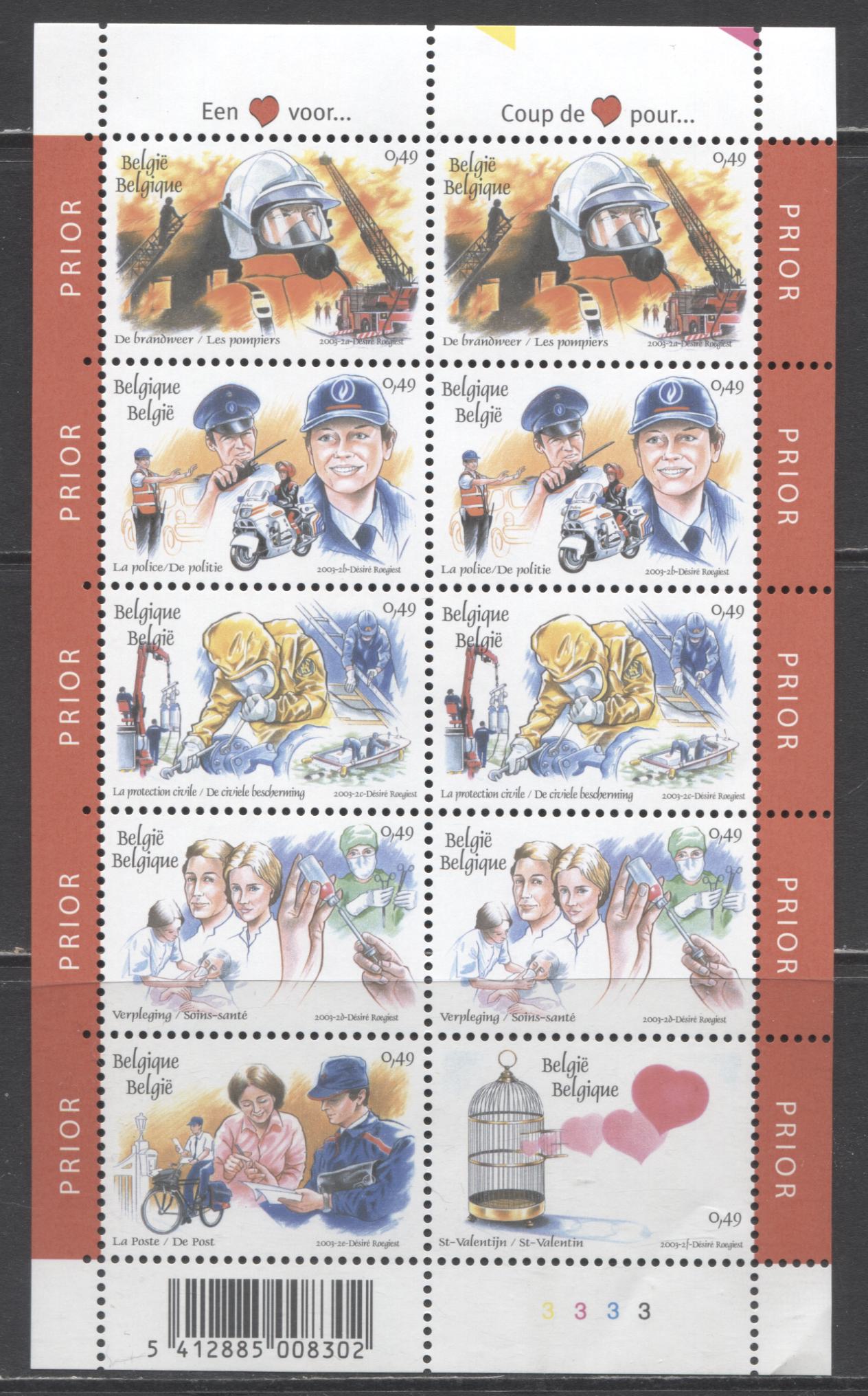 Lot 64 Belgium SC#1945-1945 2003 Love For Service Occupations Issue, A VFNH Miniature Sheet of 10, Click on Listing to See ALL Pictures, 2017 Scott Cat. $13