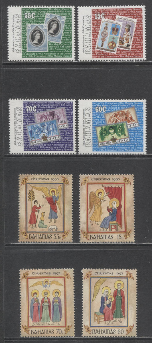 Lot 66 Bahamas SC#776/791 1993 Coronation Of QE II 40th Anniversary & Christmas Issue, 8 VFNH Singles, Click on Listing to See ALL Pictures, 2017 Scott Cat. $20.75