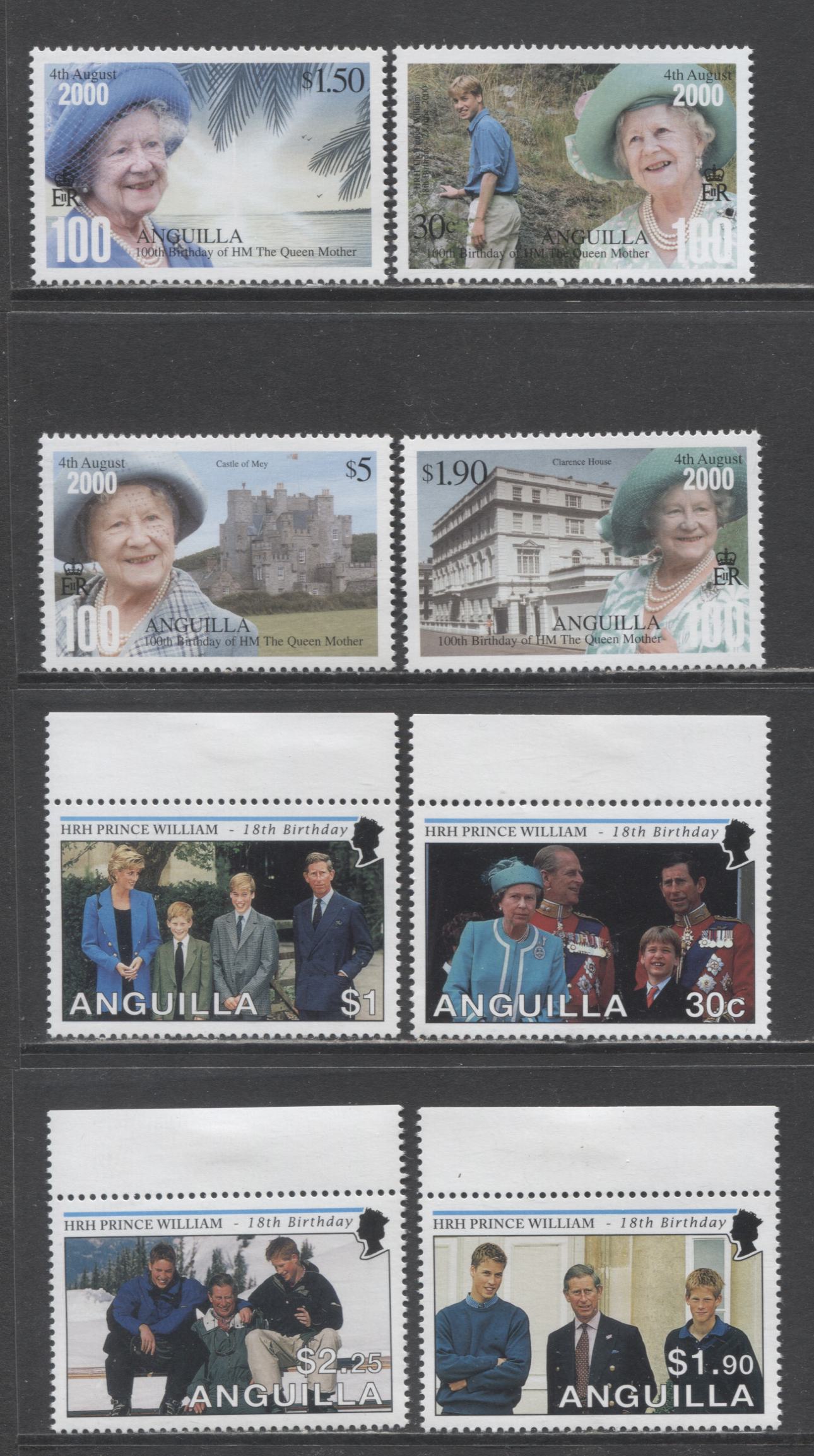 Lot 7 Anguilla SC#1019/1027 2000 Prince William 17th & Queen Mother 100th Issues, 8 VFNH Singles, Click on Listing to See ALL Pictures, 2017 Scott Cat. $18.75