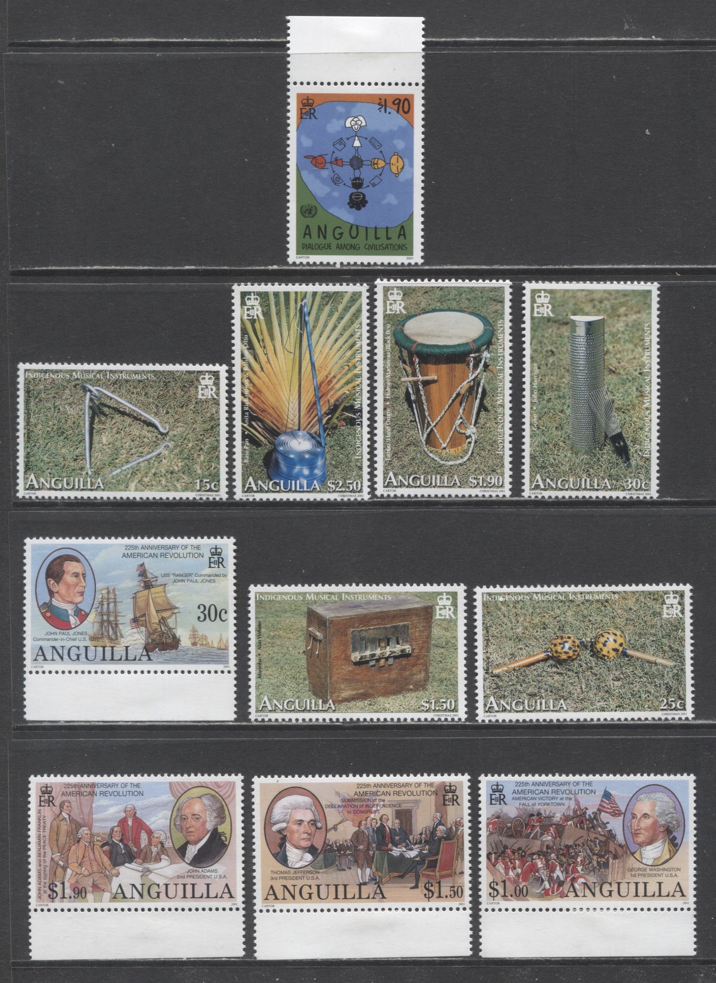 Lot 9 Anguilla SC#1049/1065 2001 American Revolution 225th Anniv, Year Of Dialogue & Christmas Issues, 11 VFNH Singles, Click on Listing to See ALL Pictures, 2017 Scott Cat. $18.5