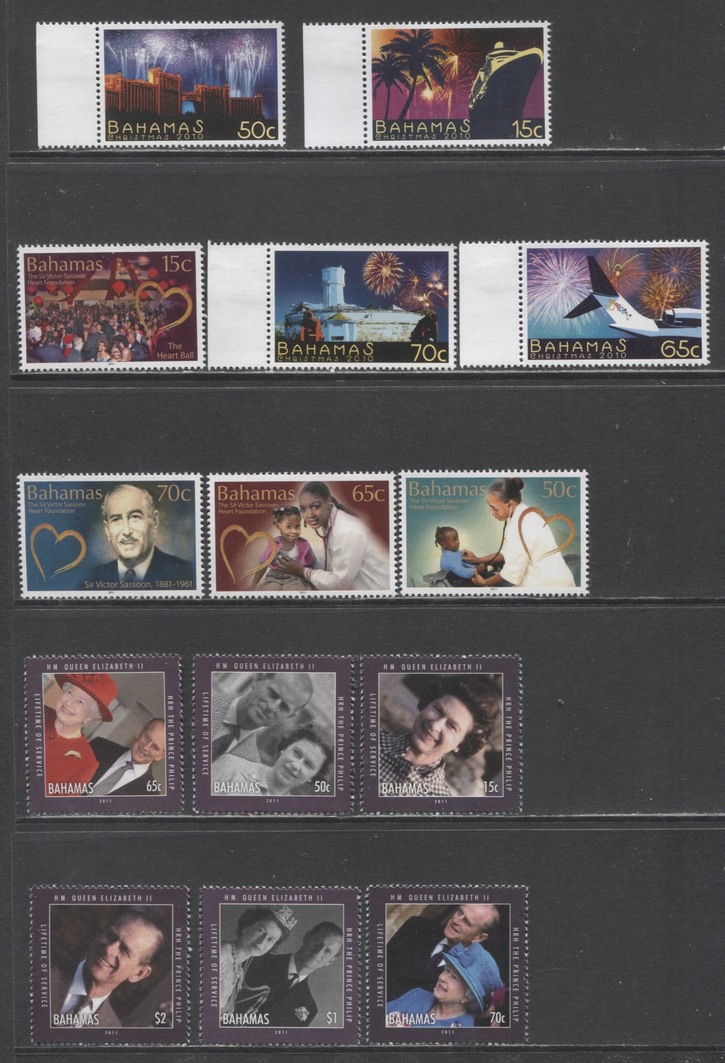 Lot 92 Bahamas SC#1308-1321 2010-2011 Christmas, Sir Victor Sassoon Heart Foundation & Service Of QE II & Prince Phillip Issues, 14 VFNH Singles, Click on Listing to See ALL Pictures, 2017 Scott Cat. $21