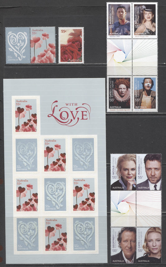 Lot 94 Australia SC#3010d/3030a 2009 Actors/Actresses & Love Issues, 5 VFNH Single, Pair, Blocks Of 4 & Pane Of 5, Click on Listing to See ALL Pictures, 2017 Scott Cat. $22.15