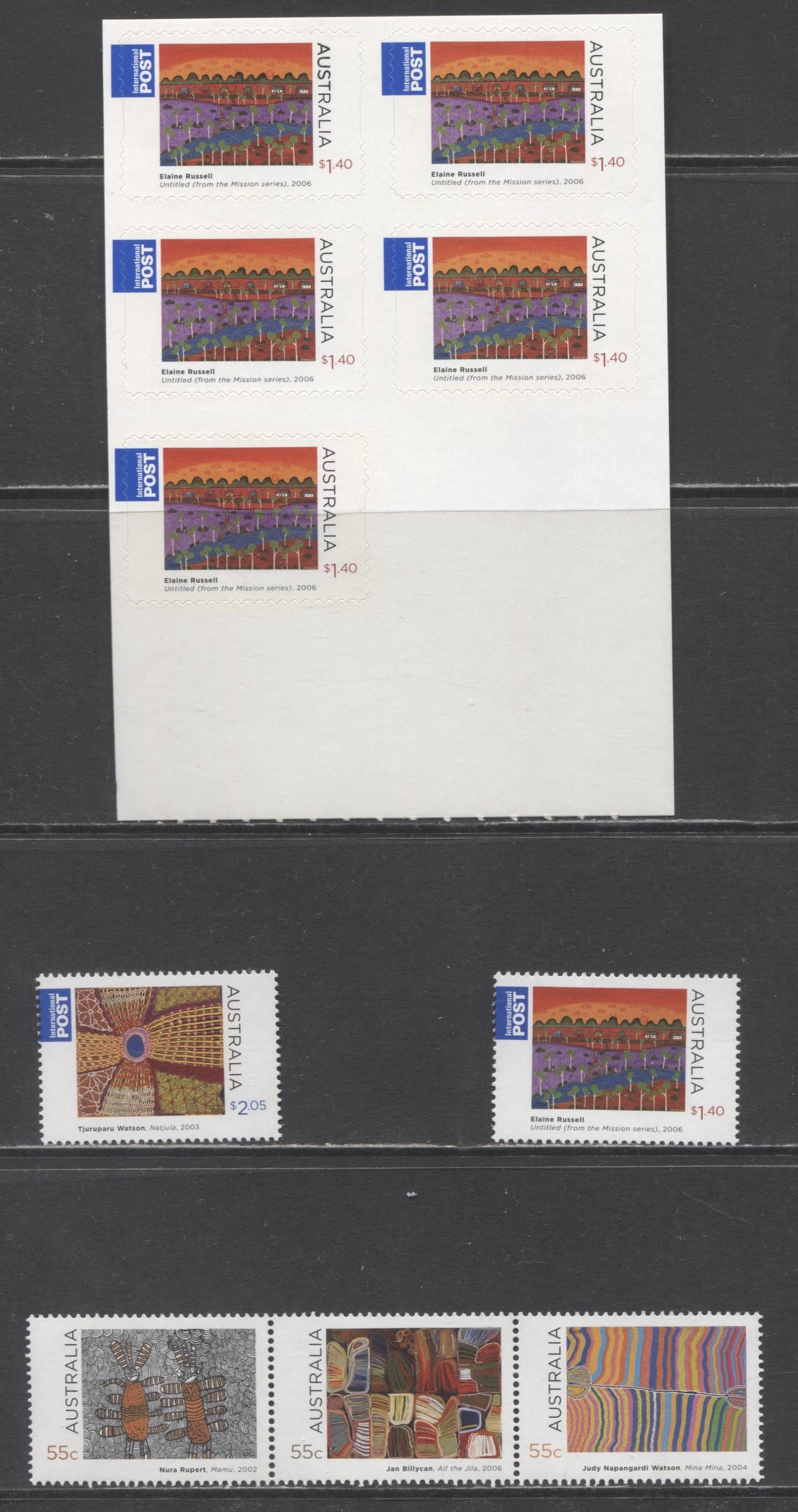 Lot 97 Australia SC#3062a-3065a 2009 Aboriginal Art Issue, 4 VFNH Singles, Strip Of 3 & Pane Of 5, Click on Listing to See ALL Pictures, 2017 Scott Cat. $20.5