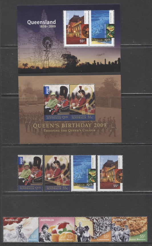 Lot 99 Australia SC#3067/3085a 2009 Queens Birthday, Eponymous Desserts & Queensland 150th Anniversary Issues, 7 VFNH Singles, Souvenir Sheets & Strip Of 4, Click on Listing to See ALL Pictures, 2017 Scott Cat. $25.65