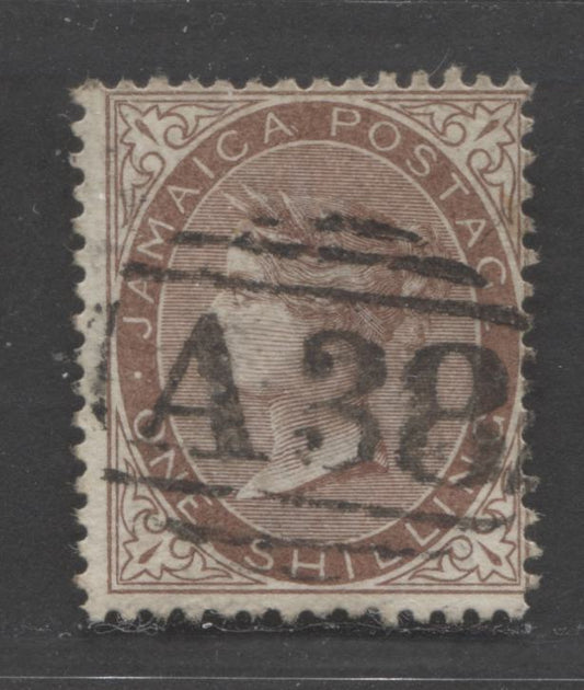 Lot 438 Jamaica #6 1/- Brown Queen Victoria, 1860-1863 Surface Printed Issue Wmk Pineapple, A Fine Used Single SON "A38" Barred Numeral for Aylesbury, Buckinghamshire