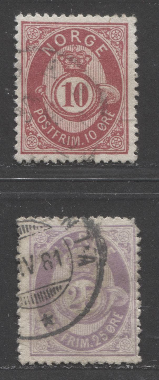 Lot 477 Norway #25, 28 10o, 25o Carmine & Lilac Posthorn, 1877-1878 Ore Currency Posthorn Issue With Sans-Serif Letters & Shaded Horn, 2 VG & VF Used Singles