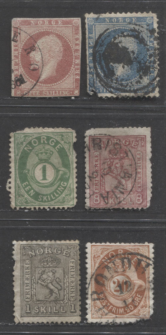 Lot 478 Norway #4-5, 16, 11a, 15, 27 8s-20o Rose Lake-Orange Brown Oscar I, Arms & Posthorn, 1856-1878 Oscar I, Arms & Posthorn Issues, 6 Ungraded Used Singles All Damaged, Useful For Reference