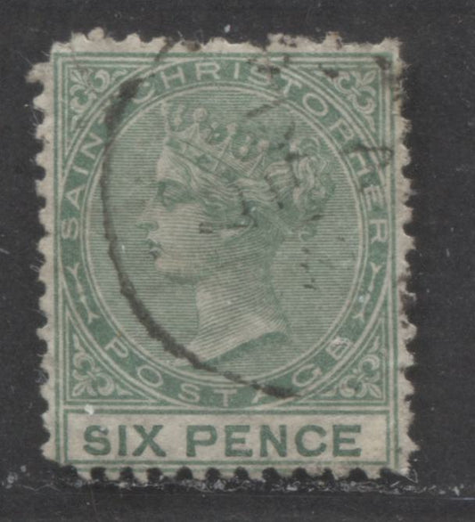 Lot 499 St. Christopher #3 6d Green Queen Victoria, 1870 Surface Printed Issue Wmk Crown CC, A VG Used Single