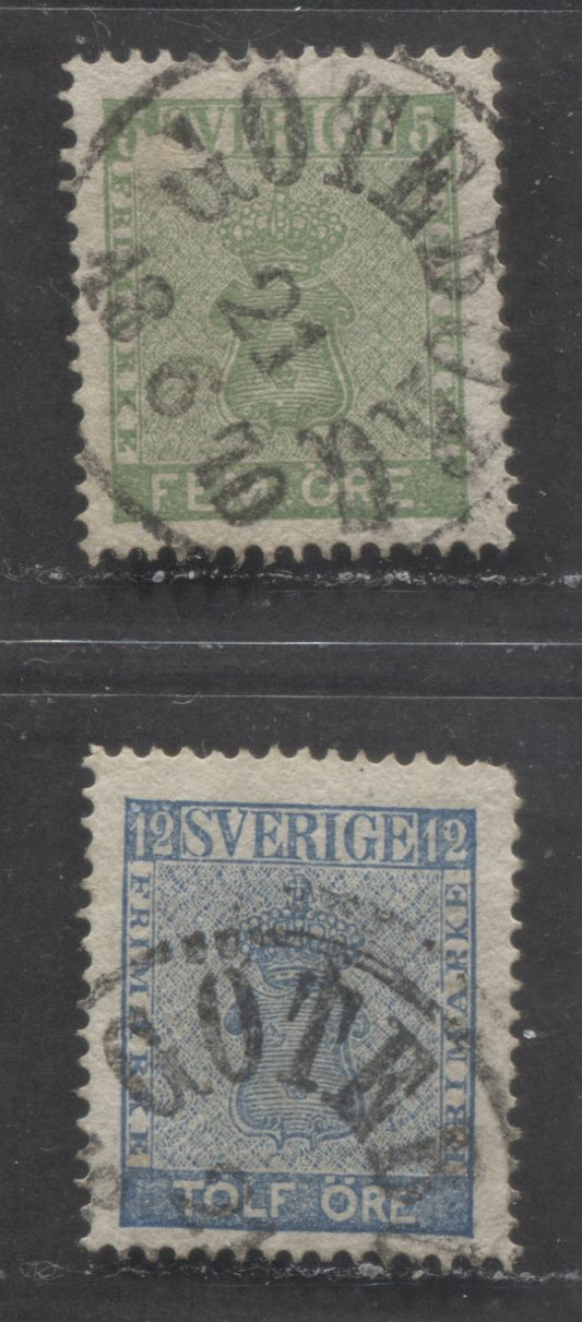 Lot 507 Sweden #6, 8 5o & 12o Green & Blue Coat of Arms, 1858-1862 Arms Issue Denominated in Ore, 2 Fine & VF Used Singles SON June 18, 1870 Goteburg CDS Cancel on 5o