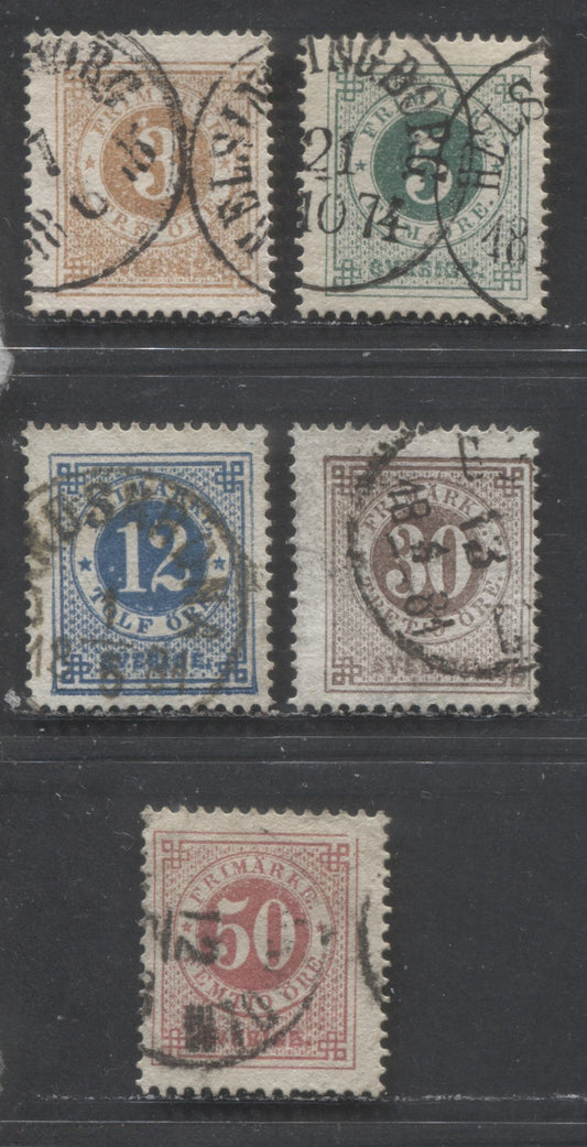 Lot 509 Sweden #17, 19, 32, 35, 36 3o-50o Yellow Brown - Rose Numeral, 1872-1879 Numeral Issue, Perf. 14 and 13, 5 VG, Fine & VF Used Singles