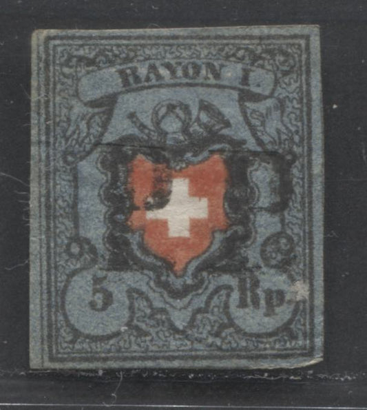 Lot 511 Switzerland #7a 5r Dark Blue, Black & Red Coat of Arms, 1850 Rayon I Issue, A VG Used Single VF Appearance, No Frame Around Cross, Small Thin