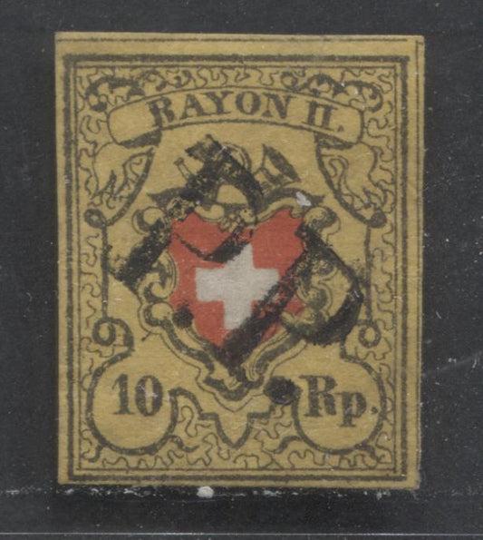 Lot 512 Switzerland #8b 10r Yellow, Black & Red Coat of Arms, 1850 Rayon II Issue, A VF Used Single Dividing Lines Visible on 2 Sides