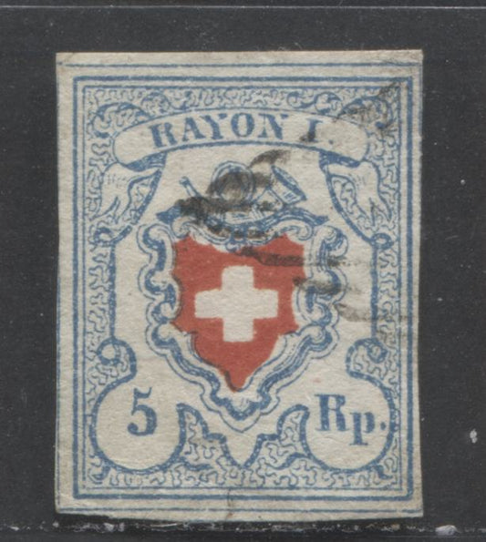 Lot 513 Switzerland #10 5r Red & Blue Coat of Arms, 1851 Rayon I Issue, A VF Used Single Dividing Lines Visible on 3 Sides